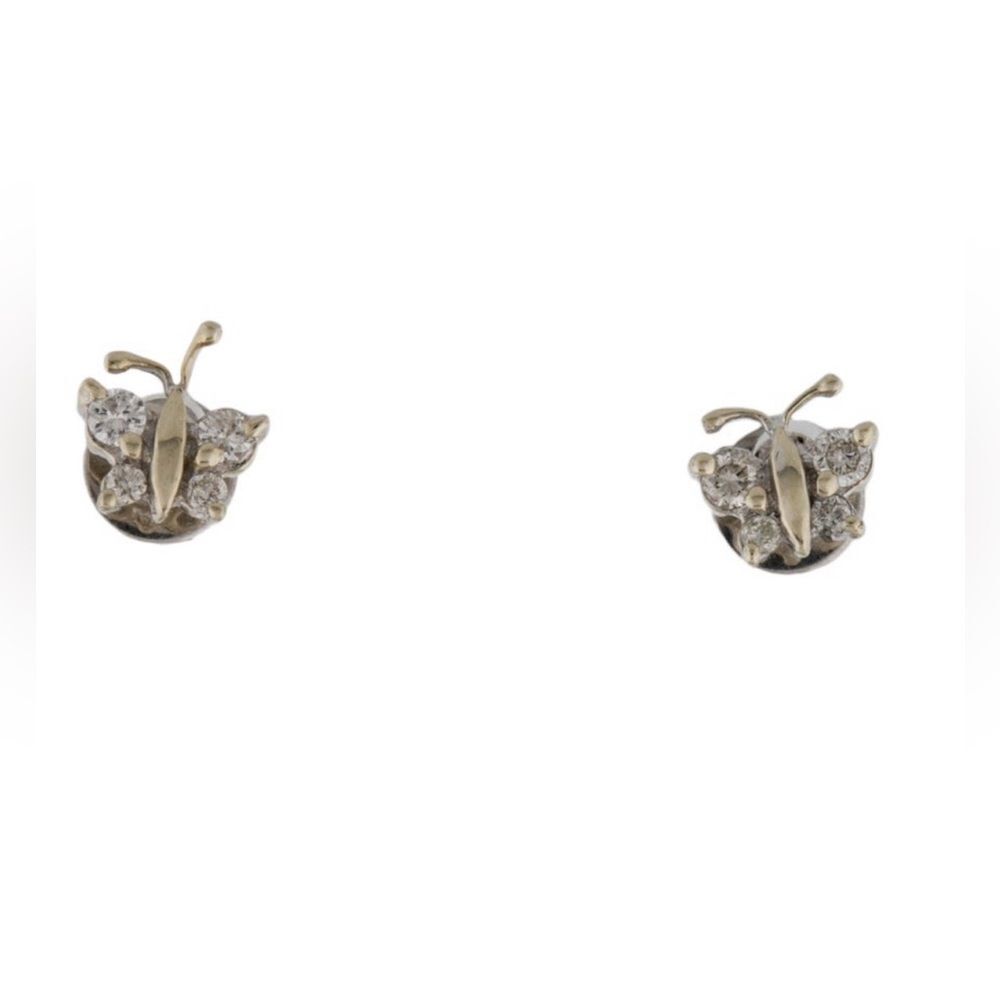 DIAMOND BUTTERFLY EARRINGS 14K WHITE GOLD STUD 8 STONES DAINTY DETAILED ANTENNAE - Picture 8 of 10
